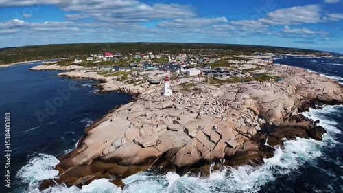 Aerial View of Peggy's Cove Lighthouse and Coastal Village