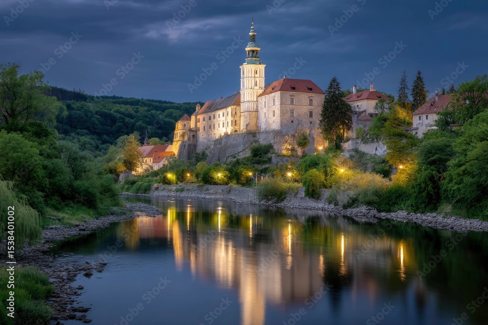Castle complex illuminated by night lights reflected in a river Castle complex illuminated by night lights reflected in a river