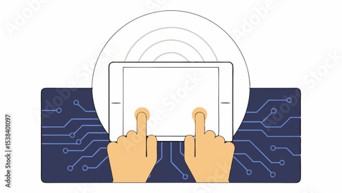 Hands Using Tablet with Circuit Board Background
