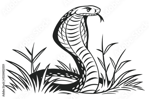 Striking cobra rises majestically from stylized grass, presenting its forked tongue in a monochrome design