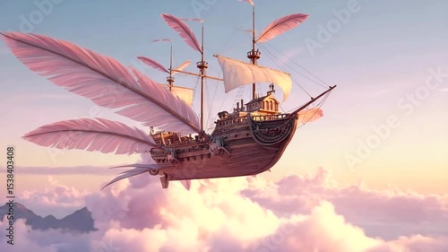A fantastical airship with feathered sails gliding through pastel clouds at sunset
