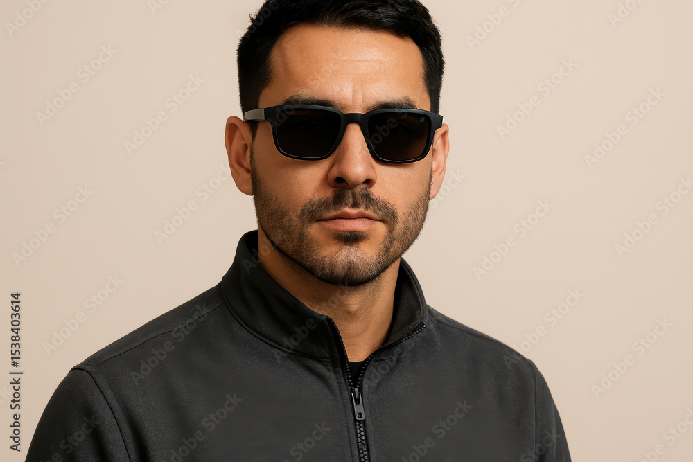 Fototapeta premium Confident man with dark hair and beard in black sunglasses wearing casual zip jacket against neutral background looking forward