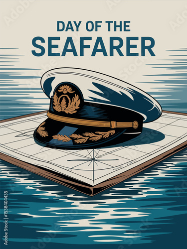 Day of the Seafarer Maritime Captain Hat Illustration on Nautical Map