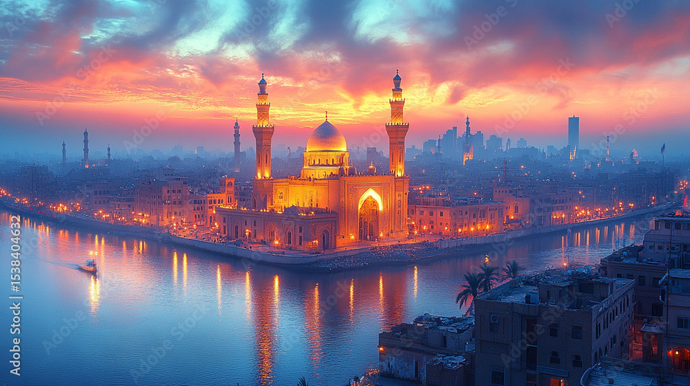 Obraz premium Floating Mosque at Sunset on River, City Skyline