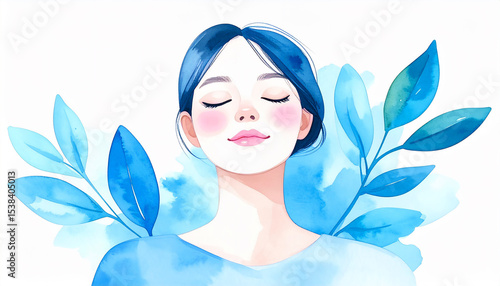 目を閉じる女性の顔と青色の植物、メンタルヘルスとセルフケアの水彩画風イラスト素材、生成AI画像