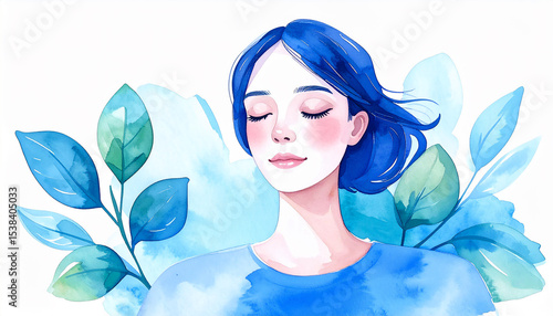 目を閉じる女性の顔と青色の植物、メンタルヘルスとセルフケアの水彩画風イラスト素材、生成AI画像