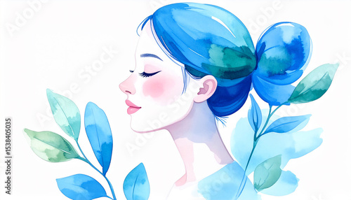 目を閉じる女性の顔と青色の植物、メンタルヘルスとセルフケアの水彩画風イラスト素材、生成AI画像