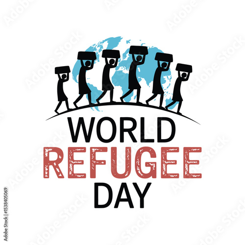 Silhouette People Carrying Boxes Above World Map World Refugee Day Vector Graphic