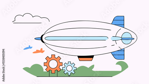 Airship Flying Over Gears and Green Landscape