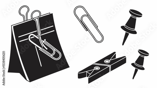 Black silhouette illustration of office supplies including a binder clip paperclip clothespin and thumbtacks arranged neatly