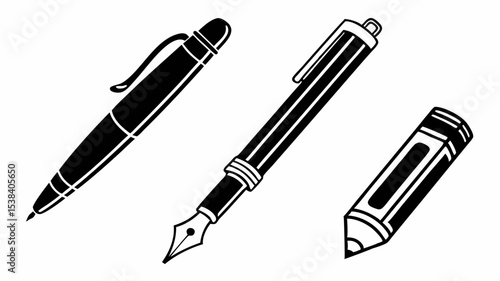 Black silhouette illustration of three writing instruments including a ballpoint pen fountain pen and a pencil in black and white