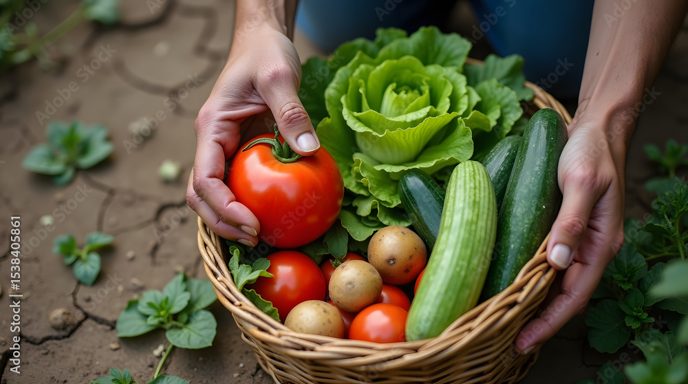 Fototapeta premium a close-up view of a hand picking fresh vegetables, including tomatoes and carrots, from a woven basket placed on soil. The image conveys a sense of organic farming, harvest, and healthy living.