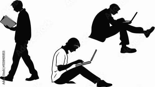 Black silhouette silhouettes of people reading and using laptops in various positions showing modern lifestyle and technology