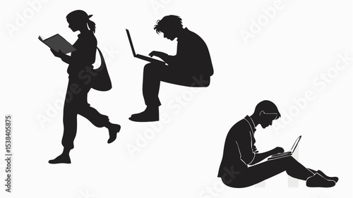 Black silhouette silhouettes of people reading a book and using laptops in various sitting and standing positions