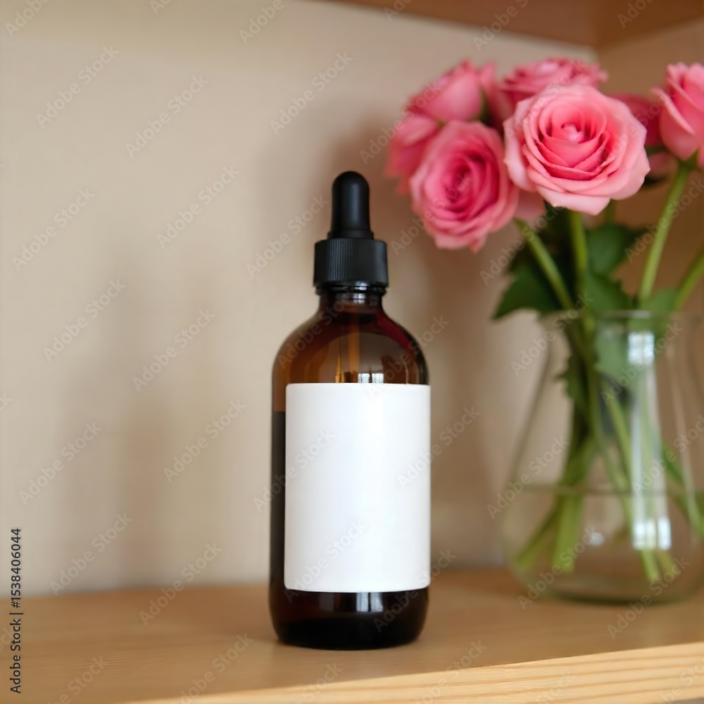 A light brown bottle with a white label sits on a wooden shelf, next to a vase of pink flowers.
The scene composition is simple and uncluttered. A light brown glass bottle A light brown bottle with a white label sits on a wooden shelf, next to a vase of pink flowers.
The scene composition is simple and uncluttered. A light brown glass bottle