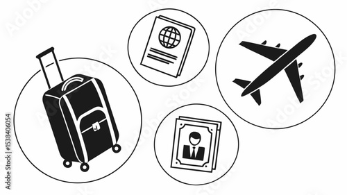 Black silhouette illustration of travel icons including a suitcase, passport, airplane, and identification card in circles