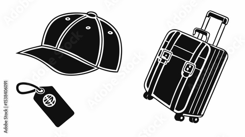 Black silhouette illustration of a baseball cap, a luggage tag and a suitcase with handle and wheels on a white background