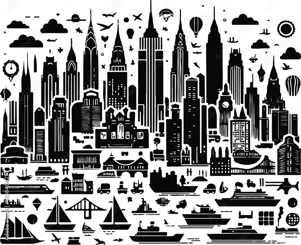 Fototapeta premium Big city skyline vector icons with white background