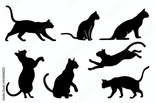 Black silhouette collection of black cat silhouettes in various poses standing sitting and jumping on a white background