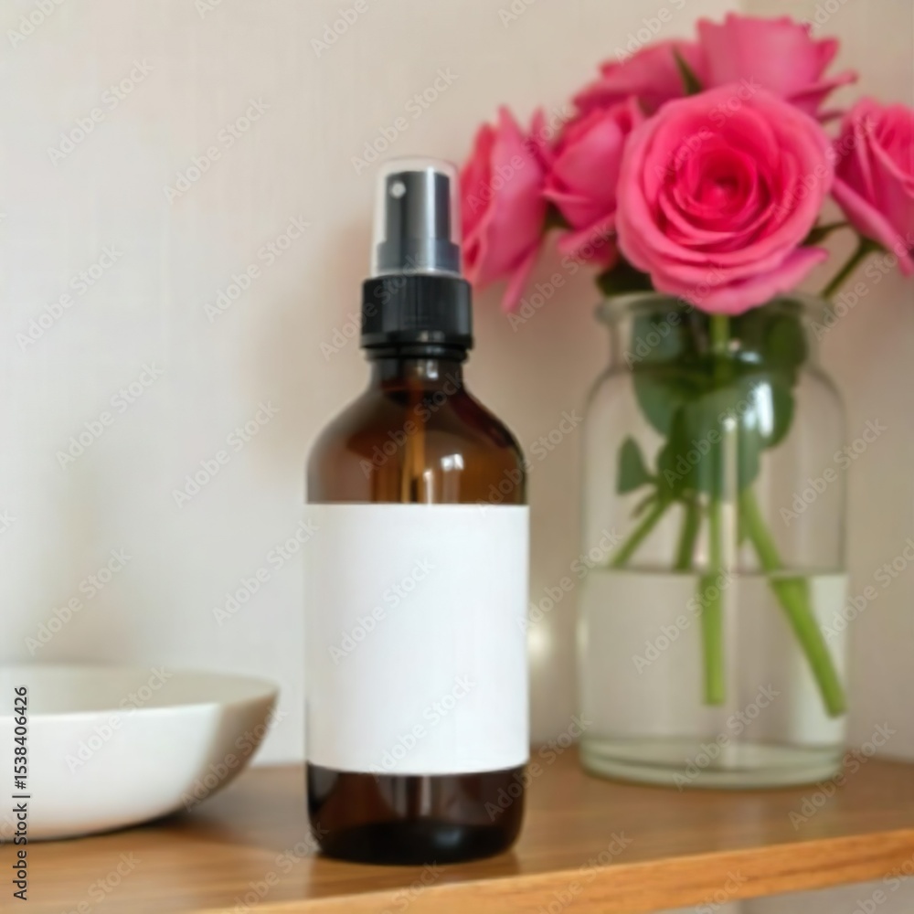 A light brown bottle with a white label sits on a wooden shelf, next to a vase of pink flowers.
The scene composition is simple and uncluttered. A light brown glass bottle A light brown bottle with a white label sits on a wooden shelf, next to a vase of pink flowers.
The scene composition is simple and uncluttered. A light brown glass bottle