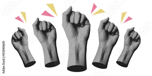 Obraz na plátně A bold pop art illustration of five clenched fists raised high, symbolizing strength, solidarity, and resistance
