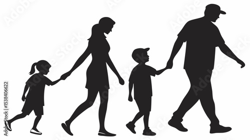 Black silhouette silhouette of a family walking together holding hands with parents and two children in black and white scene