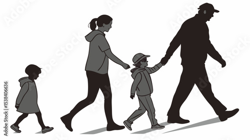 Black silhouette illustration of a family walking together with a father mother and two children in silhouette style
