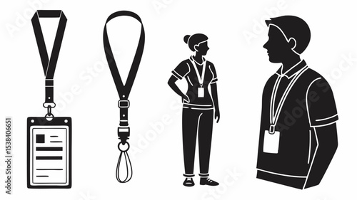 Black silhouette illustration showing lanyards with id badges and people wearing identification cards around neck