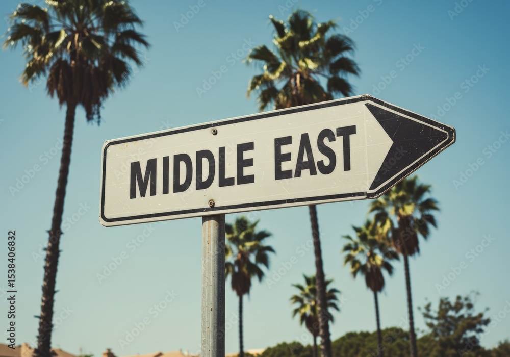 Fototapeta premium Middle East direction sign with palm trees on a sunny day.
