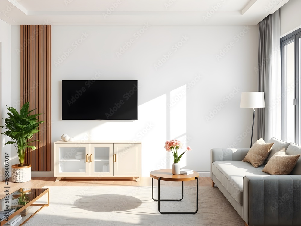 Fototapeta premium Modern Living Room Interior Mockup with TV Cabinet, Lamp, Table, and Indoor Plants