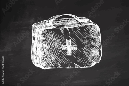 Hand drawn vintage sketch of first aid kit or medical bag in chalk style on chalkboard background