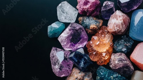 A vibrant collection of various gemstones showcasing their unique colors and textures on a dark background