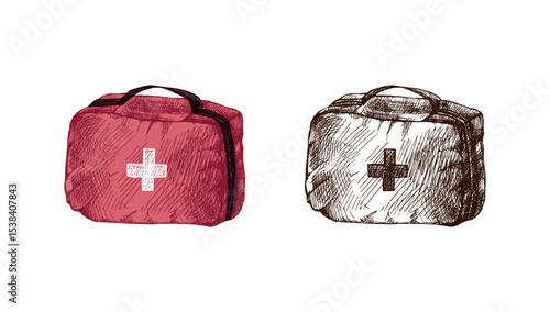 Hand drawn vintage sketch of first aid medical kit in red color and monochrome version, emergency bag illustration