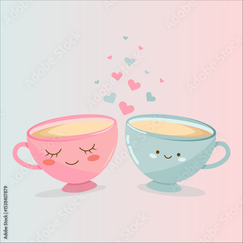 Two cute coffee mugs in pink and blue with happy faces and floating hearts. A sweet and romantic cartoon-style concept symbolizing love, and warmth.