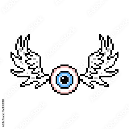 Flying eyeball monster with white angel wings, vector pixel art illustration isolated on white background. Creepy Halloween creature.