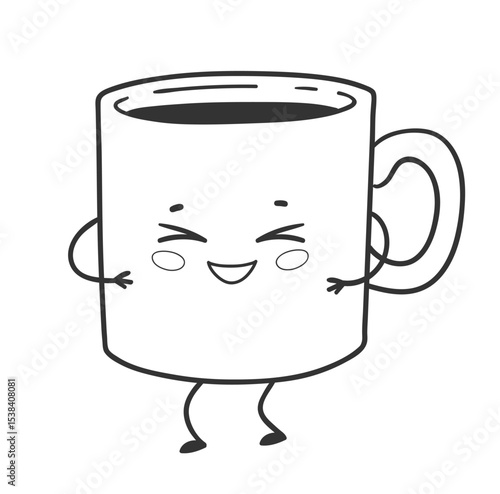 Vector illustration of a cute tall coffee mug with closed-eye grin and little arms. Line art isolated illustration.
