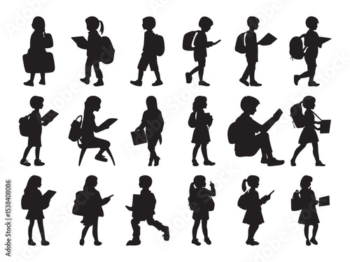 Silhouette of Kids with Backpacks in Various School ActivitiesSilhouette of Kids with Backpacks in Various School Activities