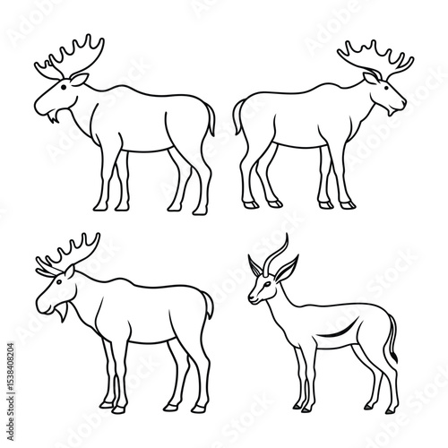Line art illustrations featuring moose and antelope in simple black and white outlines