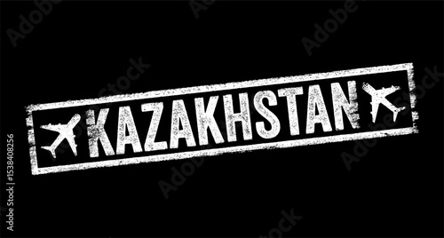 Kazakhstan - is a landlocked country mostly in Central Asia, with a part in Eastern Europe, text emblem stamp with airplane