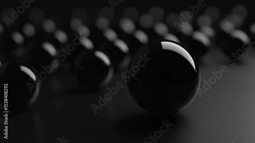 A close-up view of glossy black spheres arranged on a dark surface, creating a striking visual effect