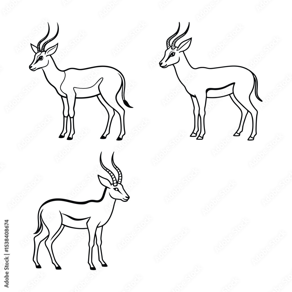 Fototapeta premium Detailed black and white vector illustrations of gazelles in various poses against a white background
