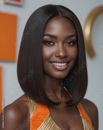 Black Woman with Sleek Bob Hairstyle Wearing Gold and Orange Dress