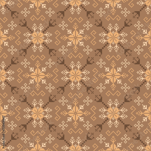 Geometric pixel art pattern. Abstract pixel art geometric ethnic pattern design for fabric, carpet, tile, rug, clothing, embroidery, needlepoint and background. Vector pixel art seamless motif ethnic

