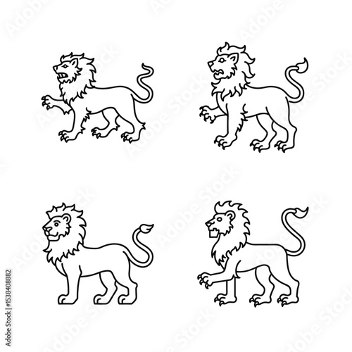 Four heraldic lion illustrations in black and white representing strength and nobility vector