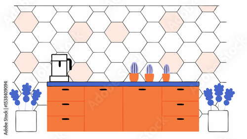 Modern Kitchen Counter with Hexagon Tiles and Plants