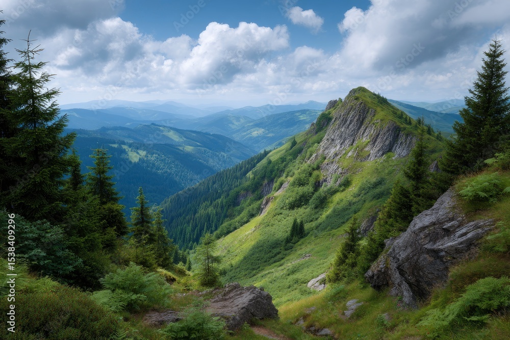 Obraz premium Mountain landscape with a rocky peak green slopes and distant blue hills under a cloudy sky