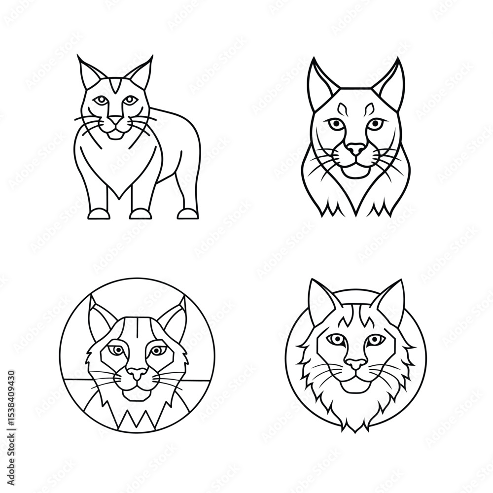 Fototapeta premium Collection of stylized black and white lynx illustrations and designs for logos and branding