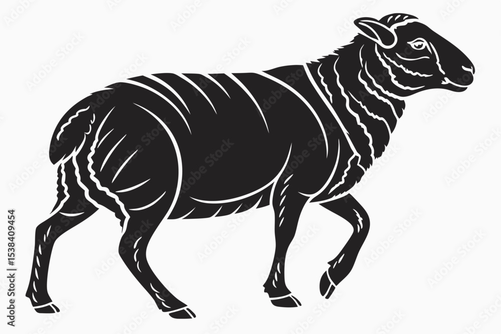 Fototapeta premium Bold black sheep is seen in the side view while walking forward