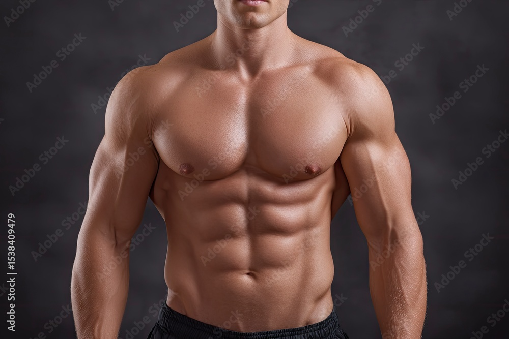 Fototapeta premium Muscular torso on dark gray Defined pecs abs biceps