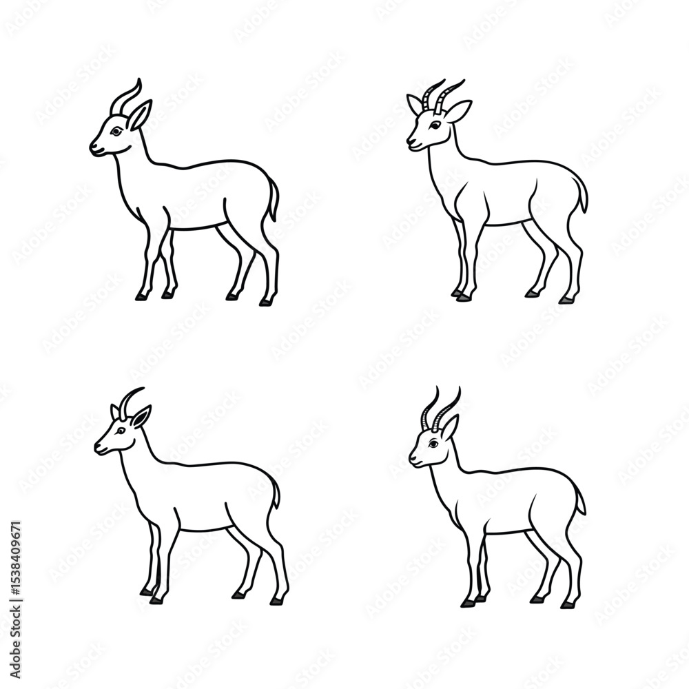 Fototapeta premium Simple line art illustrations of four gazelles showing various poses on a white background